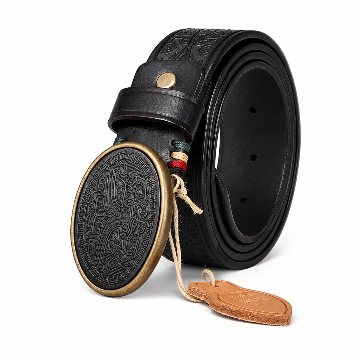 Premium Black Embossed Leather Belt with Vintage Buckle